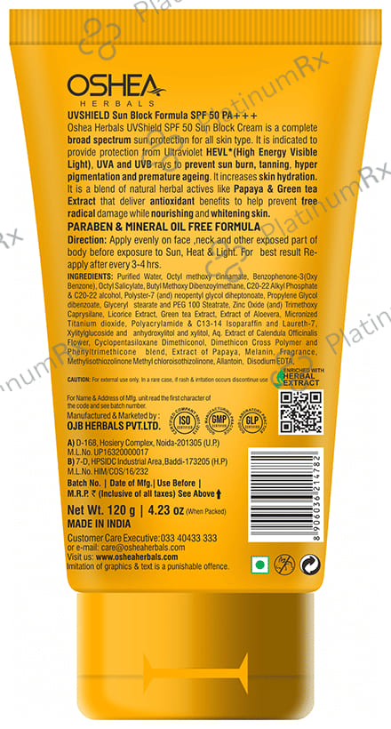 Oshea Herbals UVShield Sun Block Formula SPF 50 Cream 120gm