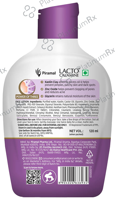Lacto Calamine Face Lotion with Kaolin Clay for Oily Skin Paraben Free 120ml