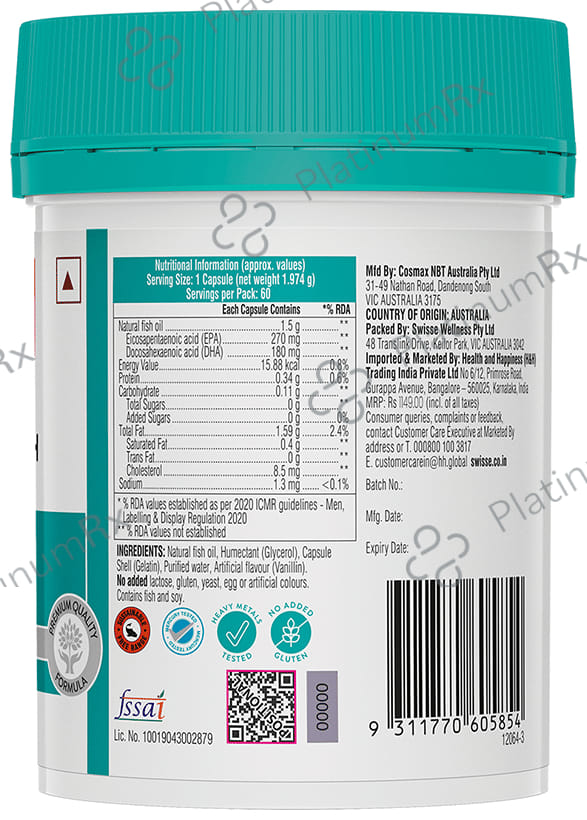 Swisse Ultiboost Odourless High Strength Wild Fish Oil Capsule with 1500mg Omega 3 - For Heart, Brain, Eye & Joint Health