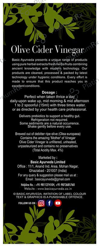Basic Ayurveda Olive Cider Vinegar with the Mother - Unfiltered & Unpasteurized 500 ml