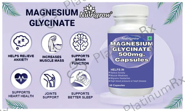 Nutrigrow Magnesium Glycinate 500mg for Muscles, Heart & Anxiety Relief - Capsule