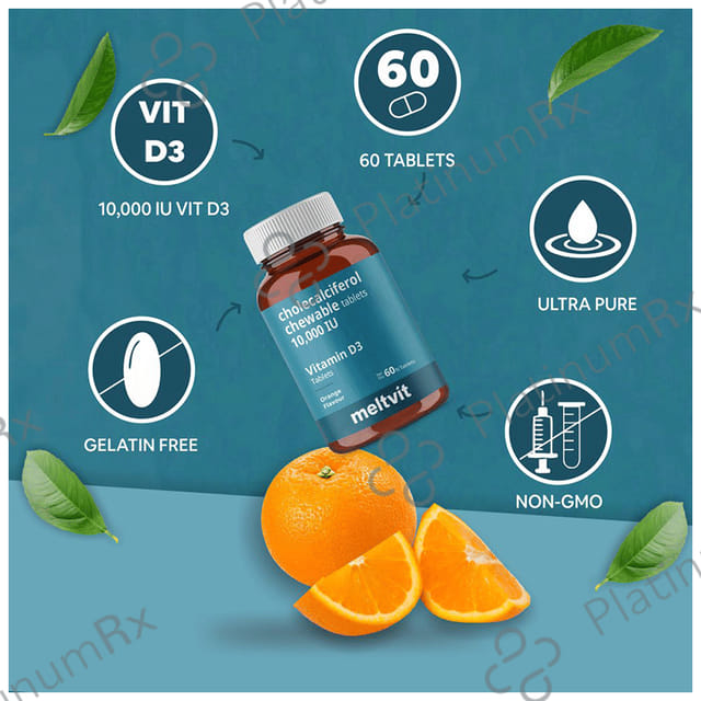 Meltvit Vitamin D3 Cholecalciferol 10000IU for Immunity, Bones, Joints, Muscles & Teeth - Flavour Chewable Tablet Orange