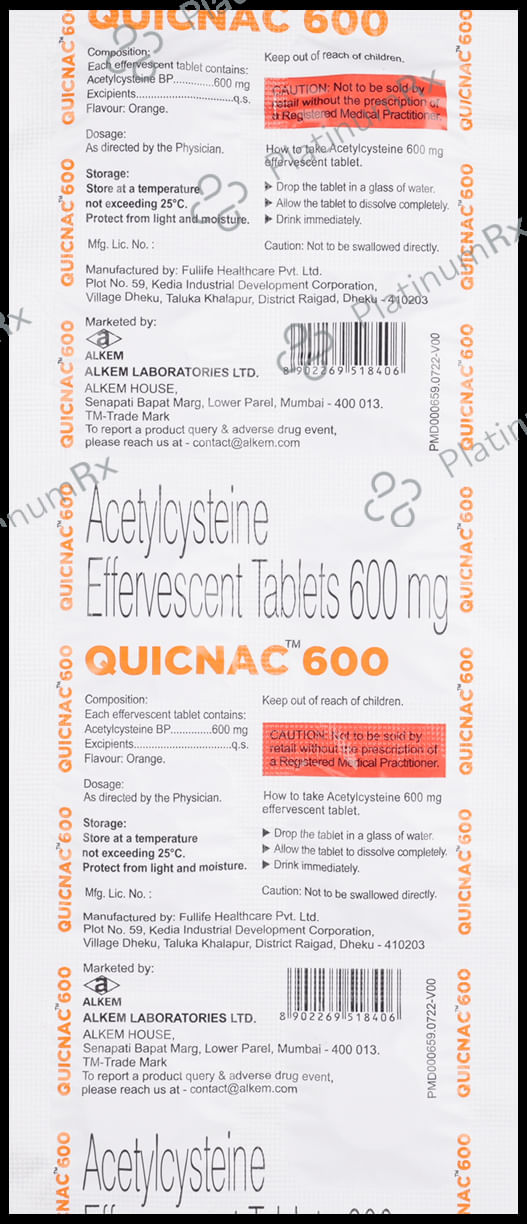 Quicnac 600mg Effervescent Tablet Orange Sugar Free 10s
