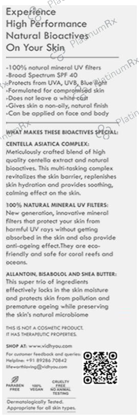 Vidhyou Natural Mineral Sunscreen with Hydrating Complex SPF 40 Lotion 50gm