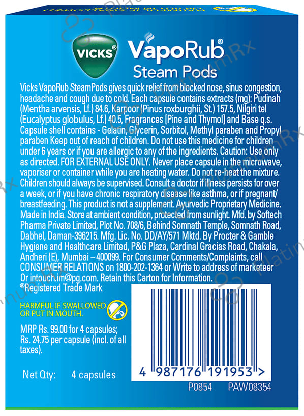 Vicks VapoRub Steam Pods Capsules 4s