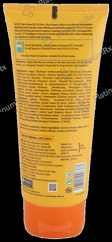 VLCC Natural Science Fair + Glow Sun Scree Lotion (100ml Each) Paraben Free 2 lotions