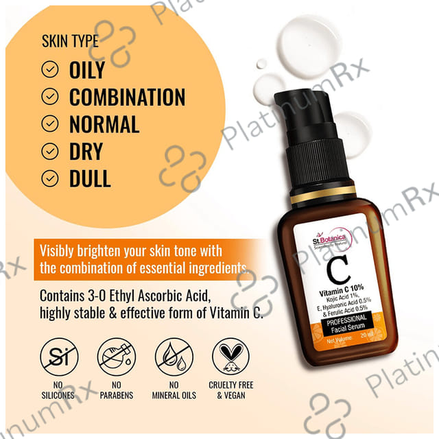 St.Botanica Vitamin C 10% + Kojic Acid 1% + E, Hyaluronic Acid 0.5% & Ferulic Acid 0.5% Professional Facial Serum