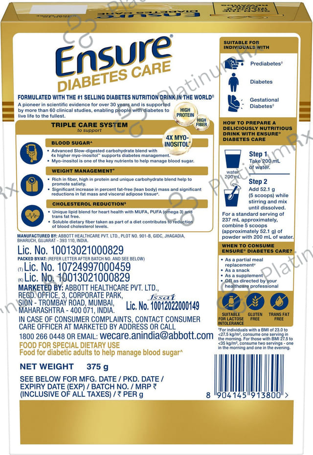 Ensure Diabetes Care Vanilla Delight Flavour Zero Added Sucrose Refill Powder 375gm