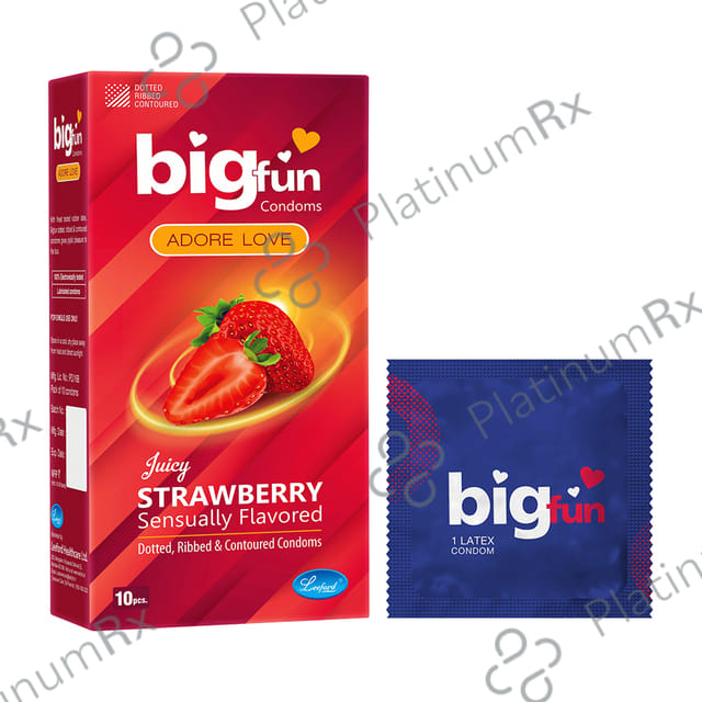 Bigfun Dotted, Ribbed & Contoured Juicy Strawberry Flavour Condom 10s
