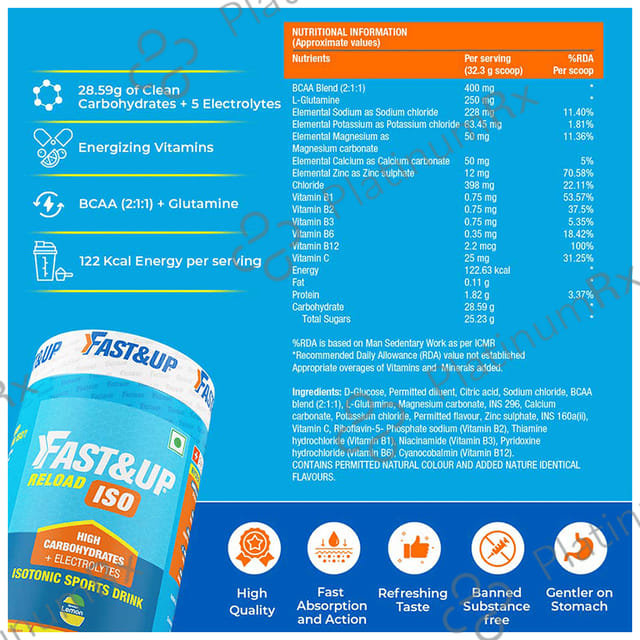 Fast&Up Reload Isotonic Sports Drink with High Carbohydrates and Electrolytes Lemon