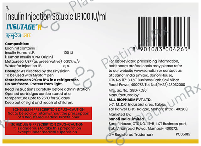 Insutage R 30/70 100IU Injection 5X3ml