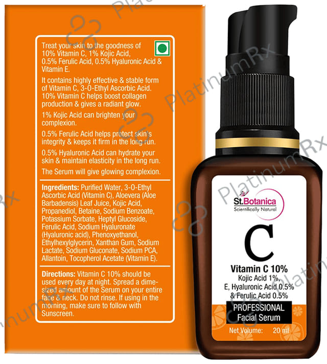 St.Botanica Vitamin C 10% + Kojic Acid 1% + E, Hyaluronic Acid 0.5% & Ferulic Acid 0.5% Professional Facial Serum
