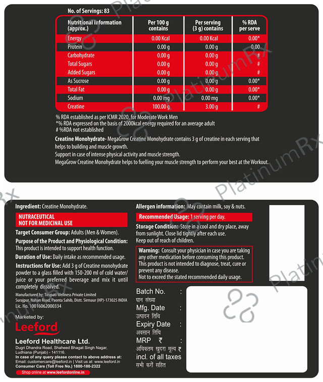 Megagrow Creatine Monohydrate Powder Support Performance & Muscle Strength Unflavored