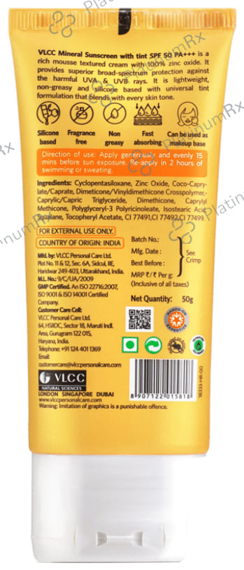 VLCC Mineral Sunscreen SPF 50 PA+++ Cream Tinted 50gm