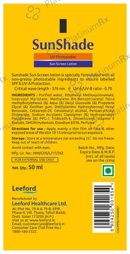 Leeford Sunshade UV Photostable Sun Screen SPF 30 PA+++ Lotion 50ml