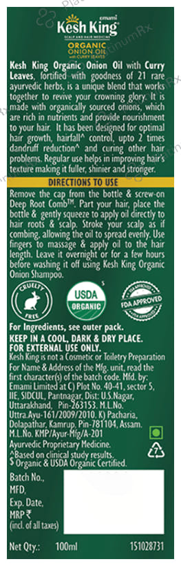 Kesh King Organic Onion Oil with Curry Leaves Reduces Hair Fall - Infused with 21 Ayurvedic Herbs 100 ml