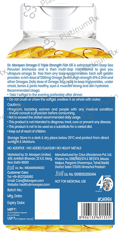 Dr. Morepen Triple Strength Omega 3 Fish Oil 1250mg - Softgel for Heart, Brain & Joints 60 Soft Gelatin Capsule