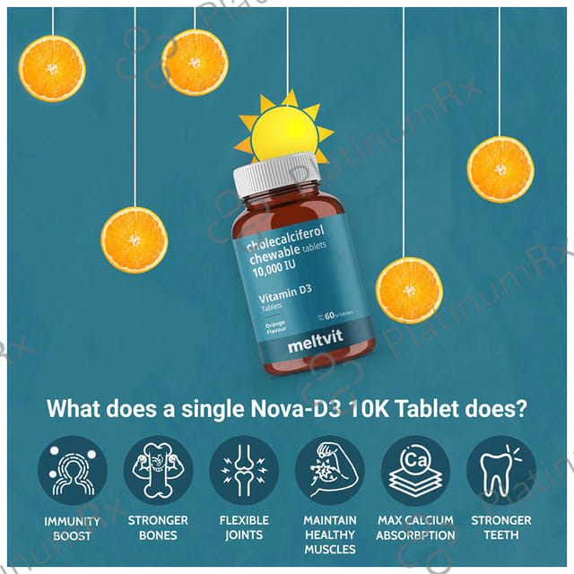 Meltvit Vitamin D3 Cholecalciferol 10000IU for Immunity, Bones, Joints, Muscles & Teeth - Flavour Chewable Tablet Orange