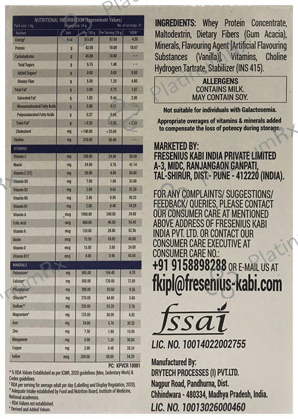 Kabipro 100% Whey Protein with Added Nutrients for Immune Support - Flavour Powder Vanilla 1 kg