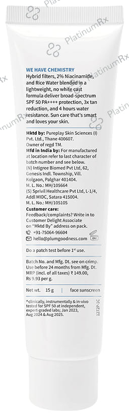 Plum 2% Niacinamide & Rice Water Hybrid Face Sunscreen SPF 50 PA+++ Cream 15 gm