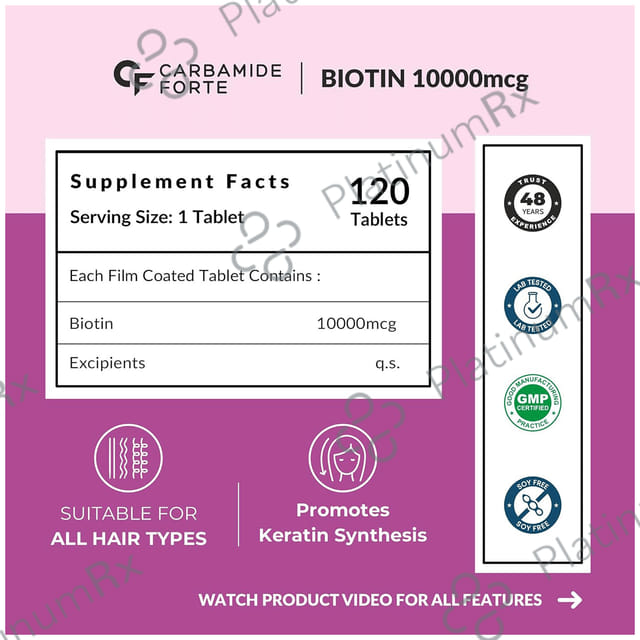 Carbamide Forte Biotin 10,000mcg Tablet for Skin, Hair & Nail Health 120 tablets