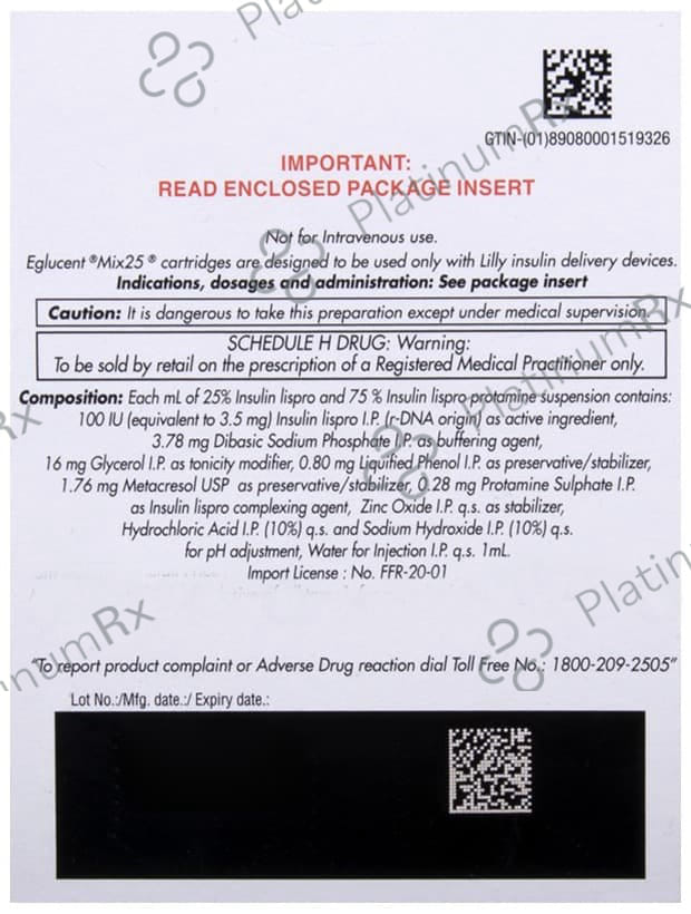 Eglucent Mix 25/75 (100 IU/ml) (1*3ml Refill Cartridge / Injection)