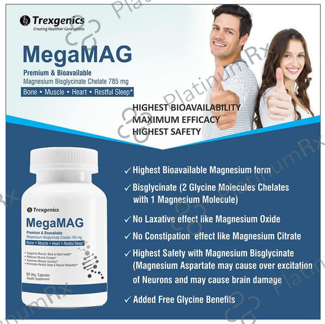 Trexgenics MegaMag with Magnesium Bis-Glycinate - Veg Capsule for Bones, Muscles, Heart & Restful Sleep