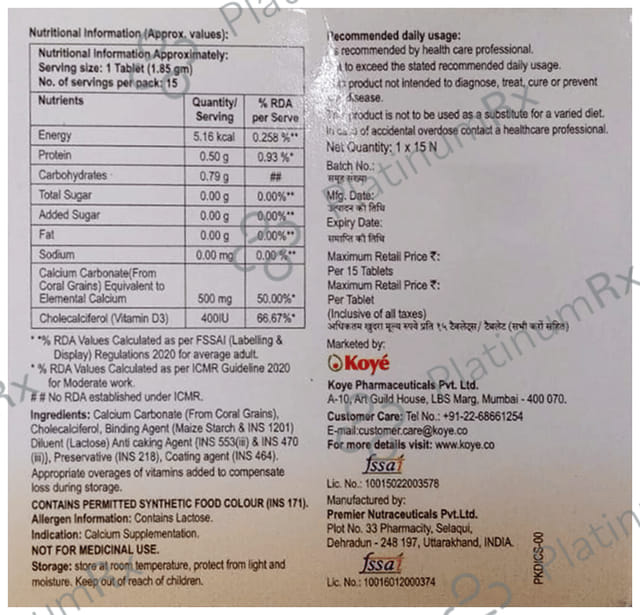 Coecoral D3 500mg/400IU Tablet 15s