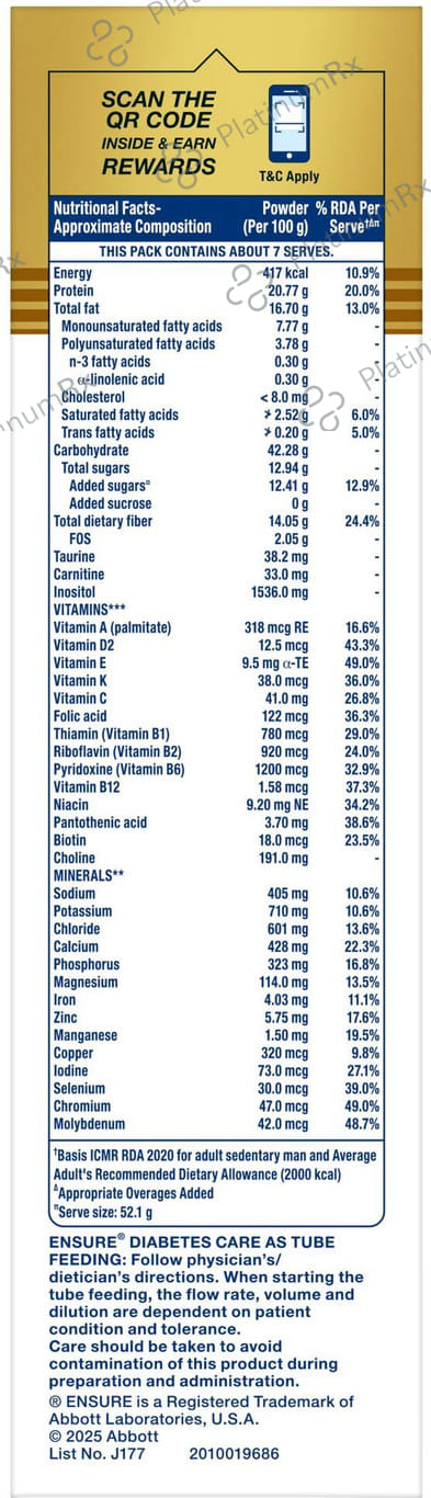 Ensure Diabetes Care Vanilla Delight Flavour Zero Added Sucrose Refill Powder 375gm