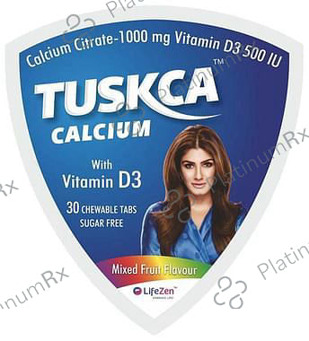 Tuskca Calcium with Vitamin D3 (500 IU) - Sugar Free - Flavour Mixed Fruit Chewable Tablet