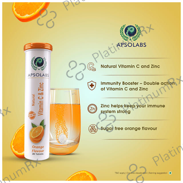 Apsolabs Natural Vitamin C & Zinc Effervescent Tablet Sugar Free Orange 20 Effervescent Tablet