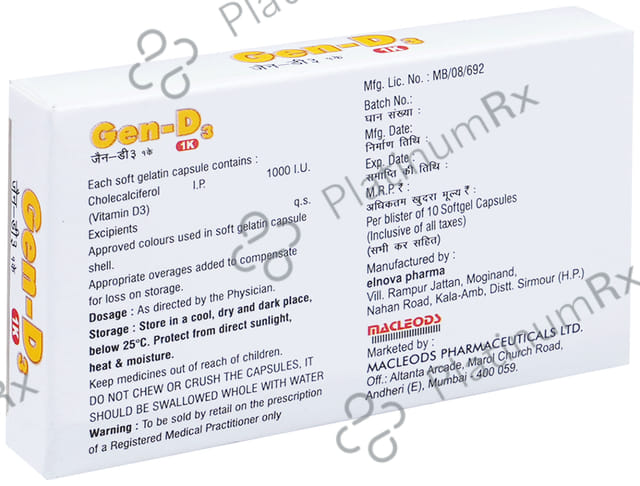 Gen D3 1000IU Soft Gelatin Capsule 10s