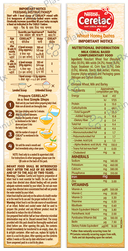 Nestle Cerelac Baby (10 months+) Cereal with Milk, Iron, Vitamins & Minerals - Wheat Honey Dates