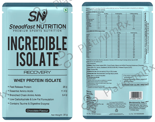 Steadfast Nutrition Incredible Isolate Recovery Whey Protein Isolate Sachet (30gm Each) Chocolate 45 Sachets