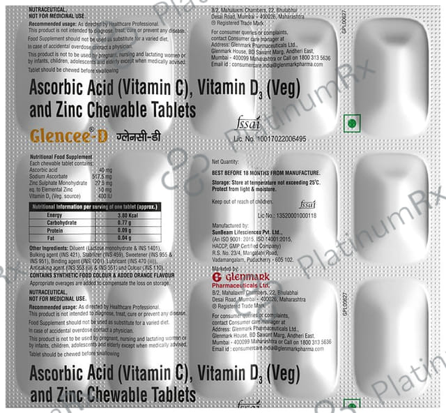 Glencee D Ascorbic Acid, Vitamin D3 60K and Zinc Chewable Tablet Orange 15s