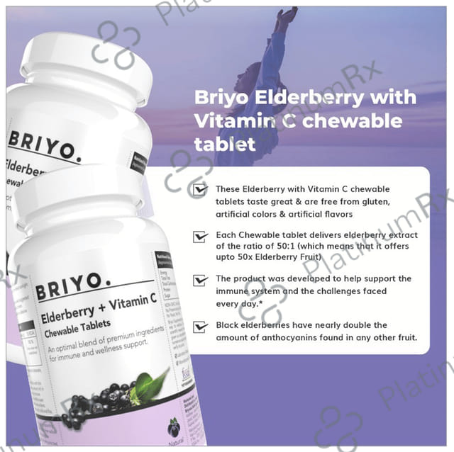 Briyo Elderberry + Vitamin C - Chewable Tablet for Daily Immune & Wellness Support - Flavour Natural Berry