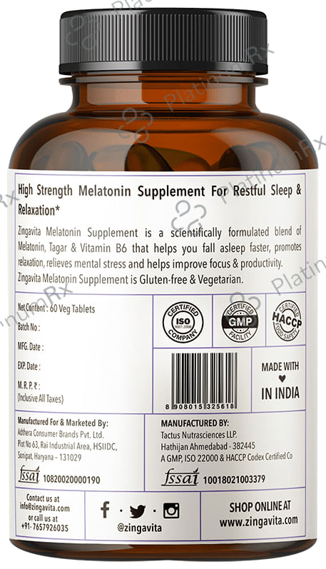 Zingavita High Strength Melatonin 10mg+ - With Tagar & Vitamin B6 for Sleep Support - Tablet