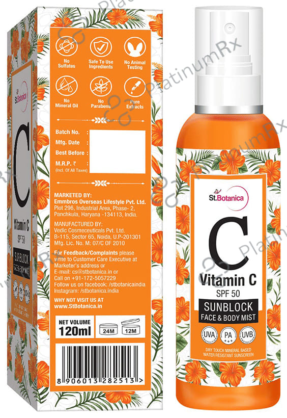 St.Botanica Vitamin C Sunblock Face & Body Mist SPF 50 Liquid 120ml