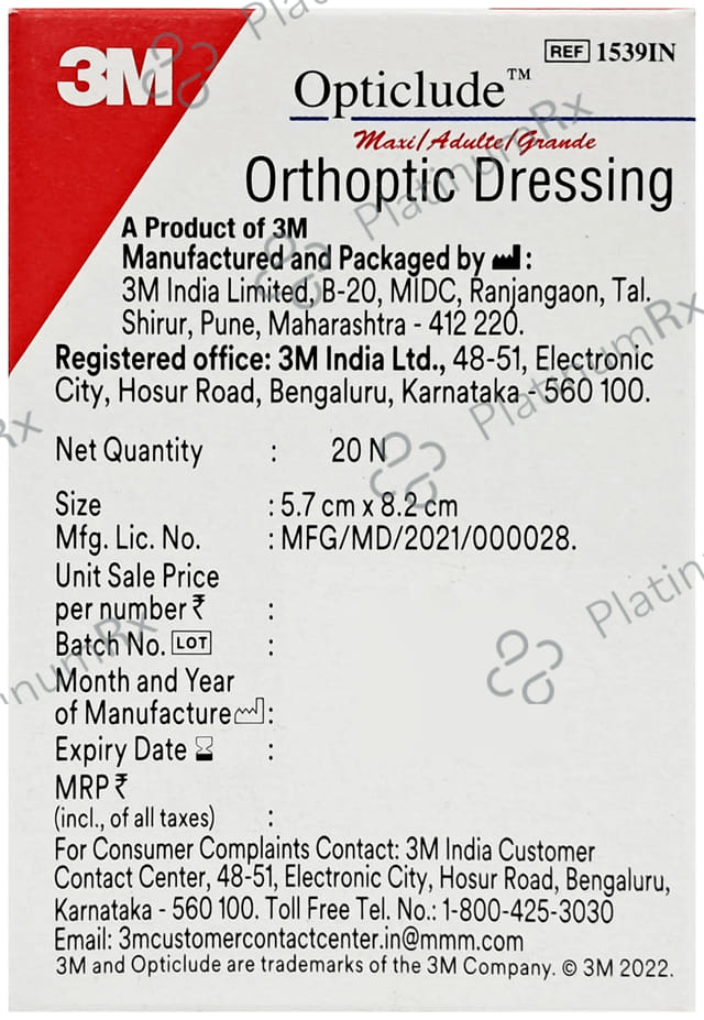 3M Opticlude Orthoptic Dressing Eye Patch for Occlusion Therapy Patch 5.7cm x 8.2cm Adult