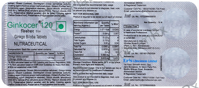 Ginkocer 120mg Gluten Free Tablet 10s