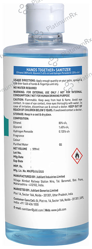 Hands Together Plus Sanitizer with 80% Alcohol, Glycerol & Hydrogen Peroxide 500 Sanitizer