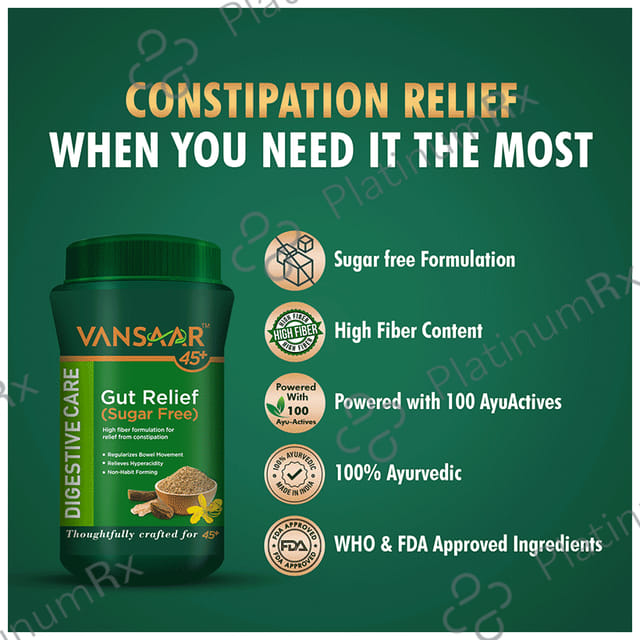Vansaar 45+ Gut Relief - Stomach Cleanser for Constipation & Gas Powder Sugar Free 100 gm
