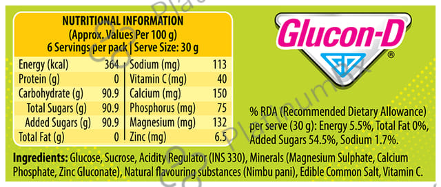 Glucon D with Glucose, Calcium, Vitamin C & Sucrose Flavour Nimbu Pani Powder 200gm