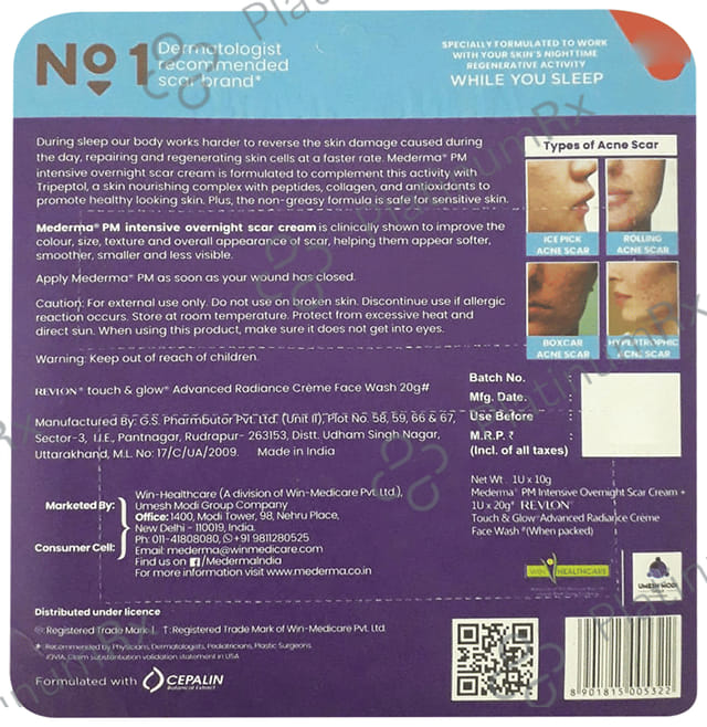 Mederma PM Intensive Overnight Scar Cream 10gm with Touch Glow Advance Radiance Cream Face Wash 20gm Free