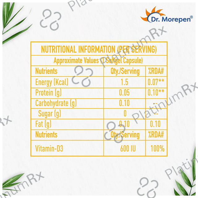 Dr. Morepen Vitamin-D3 600 IU - Softgel Capsule for Bones, Heart & Immunity
