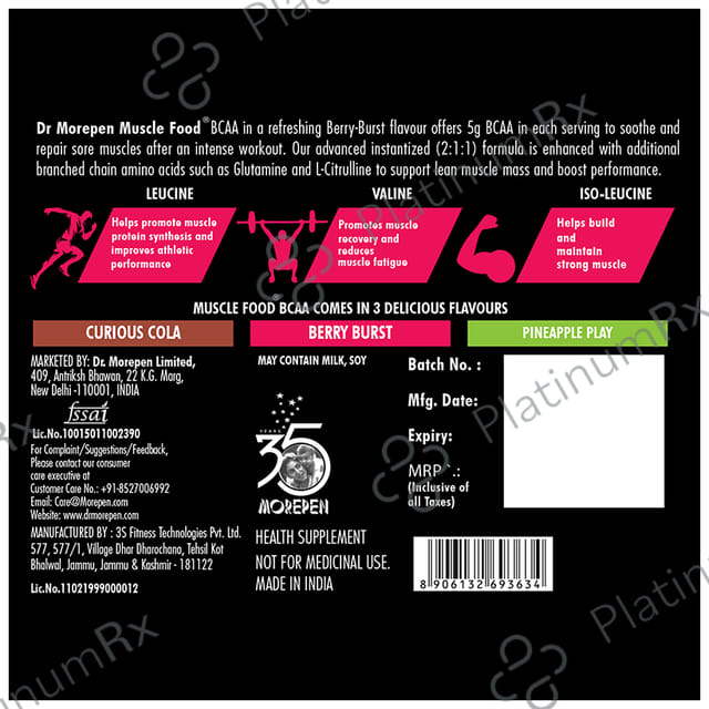 Dr. Morepen Muscle Food BCCA for Lean Muscles, Performance & Strength - Flavour Berry Burst