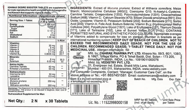 Vedistry Ignimax Desire Booster Tablet Gluten and Paraben Free