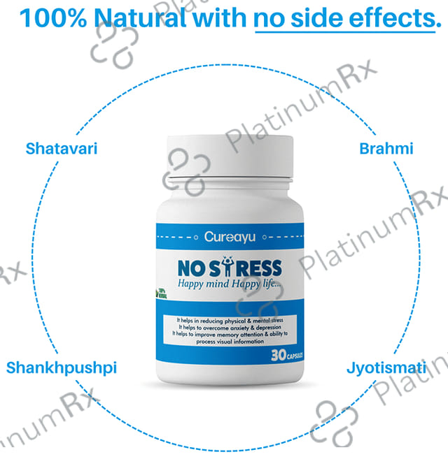Cureayu No Stress Ayurvedic Capsule - For Improved Mental Health - Natural Stress Reliever - Calms Mind - Improves Anxiety & Depression - Potent Mood Enhancer - 100 % Herbal
