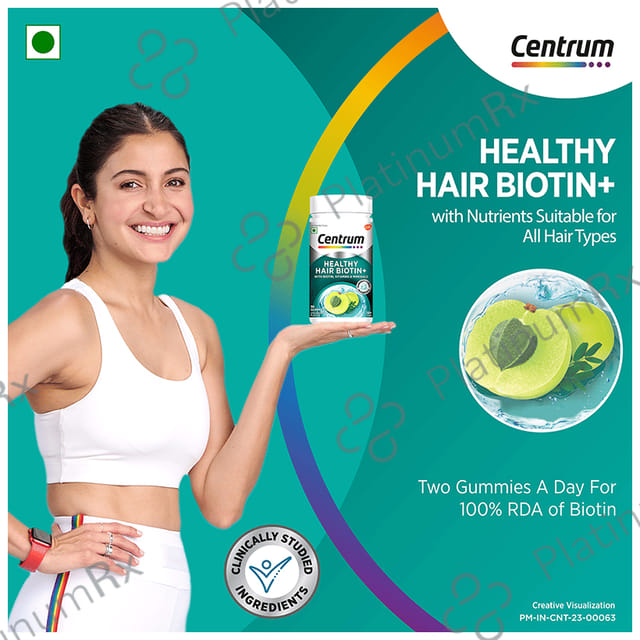Centrum Healthy Hair Biotin+ with Biotin Vitamins & Minerals Strawberry Flavour Gummy 30s