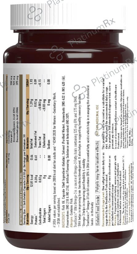 TrueBasics Ultra 1250mg Omega 3 with EPA & DHA for Heart, Joints & Eyes Health - Soft Gelatin Capsule 30 capsules